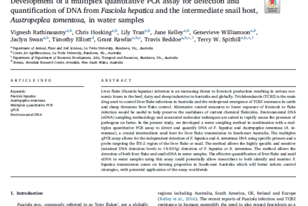 Australia: Multiplex qPCR for liver fluke (Fasciola hepatica) and intermediate snail host (Austropeplea tomentosa)