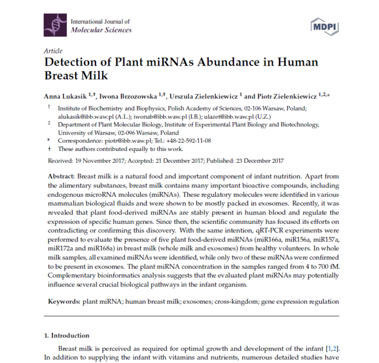 Plant miRNAs in human breast milk